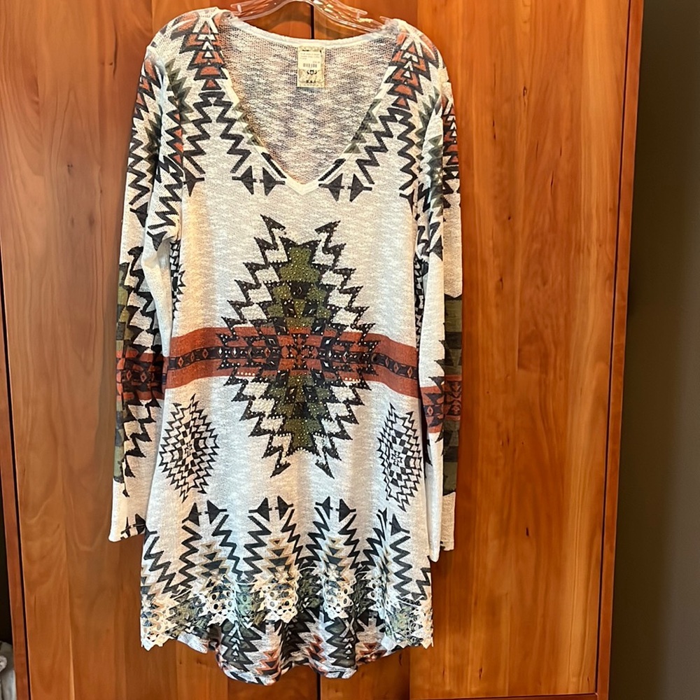 NWT - VOCAL - Aztec Lightweight Sweater Dress / Tunic - XL - Cream w Fall Colors